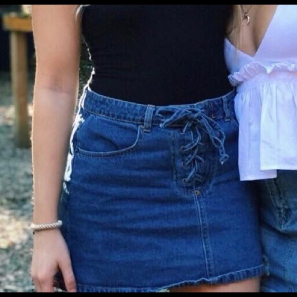 Lace up jean skirt